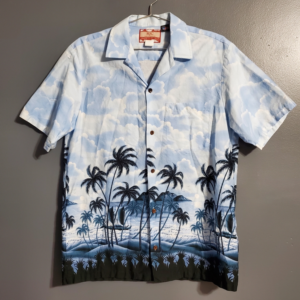 RJC Men's Blue Hawaiian Shirt Palm Trees Beach Made in USA 100% Cotton Size L